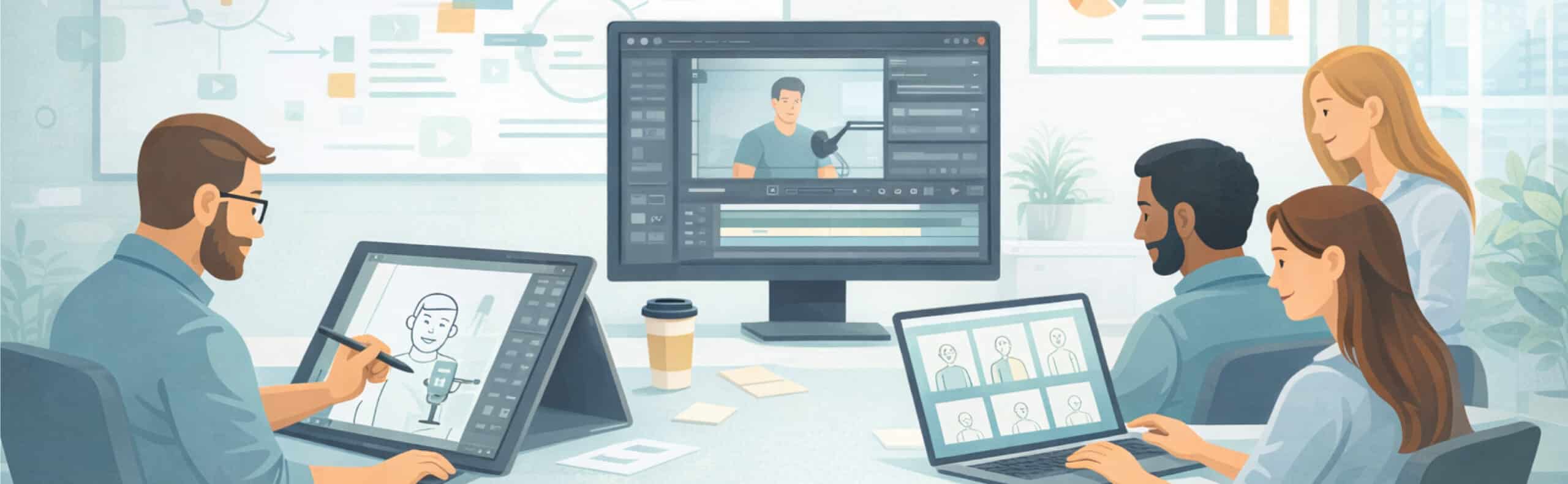 Vier Mitarbeiter erstellen gemeinsam ein Erklärvideo mit verschiedenen 2D Bearbeitungsprogrammen